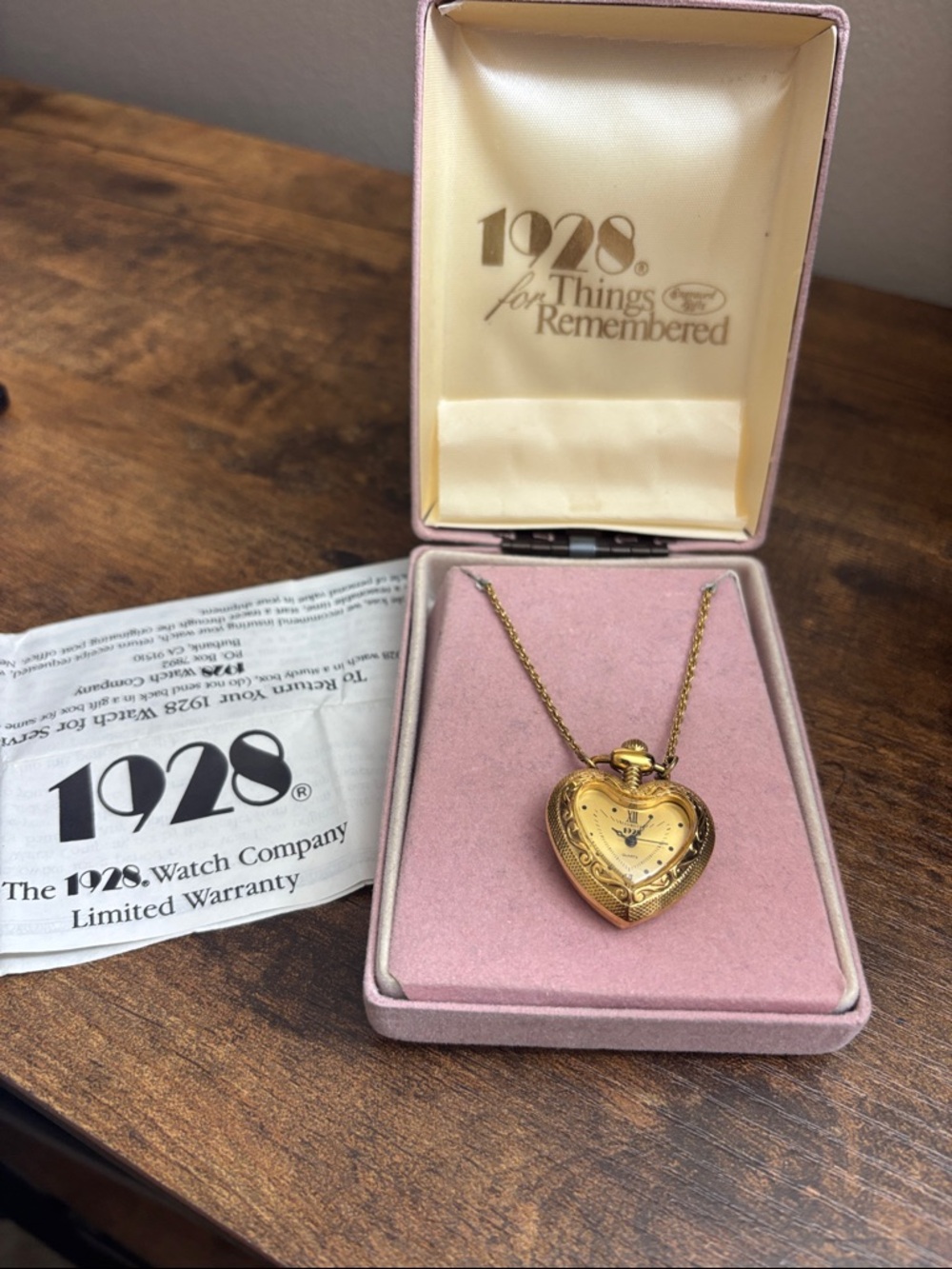 1928 Gold Heart Locket Necklace with Engraved Detail